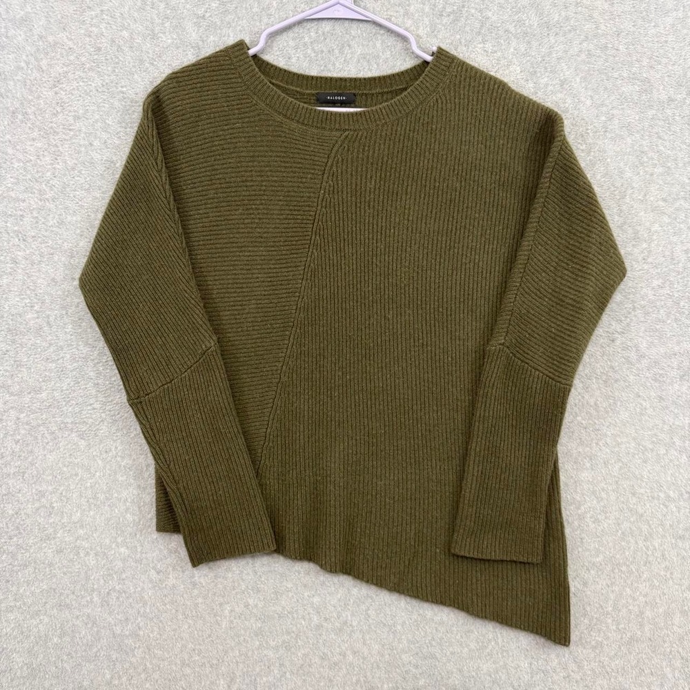 Halogen Women's Small Olive Green Cashmere Blend Ribbed Sweater Asymmetrical Hem